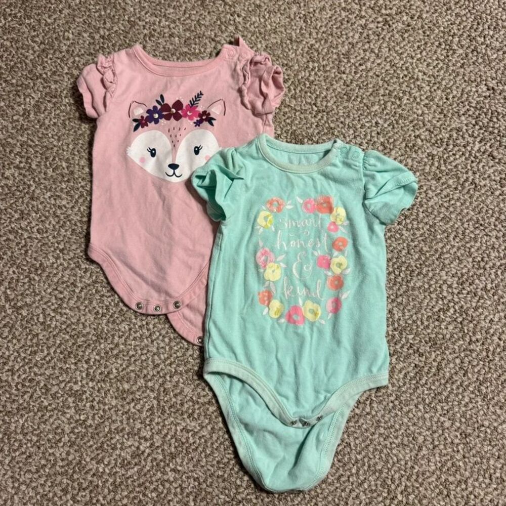 Bundle of 2 Baby Girl Bodysuits Fox Floral Pink Mint Green 12 Months